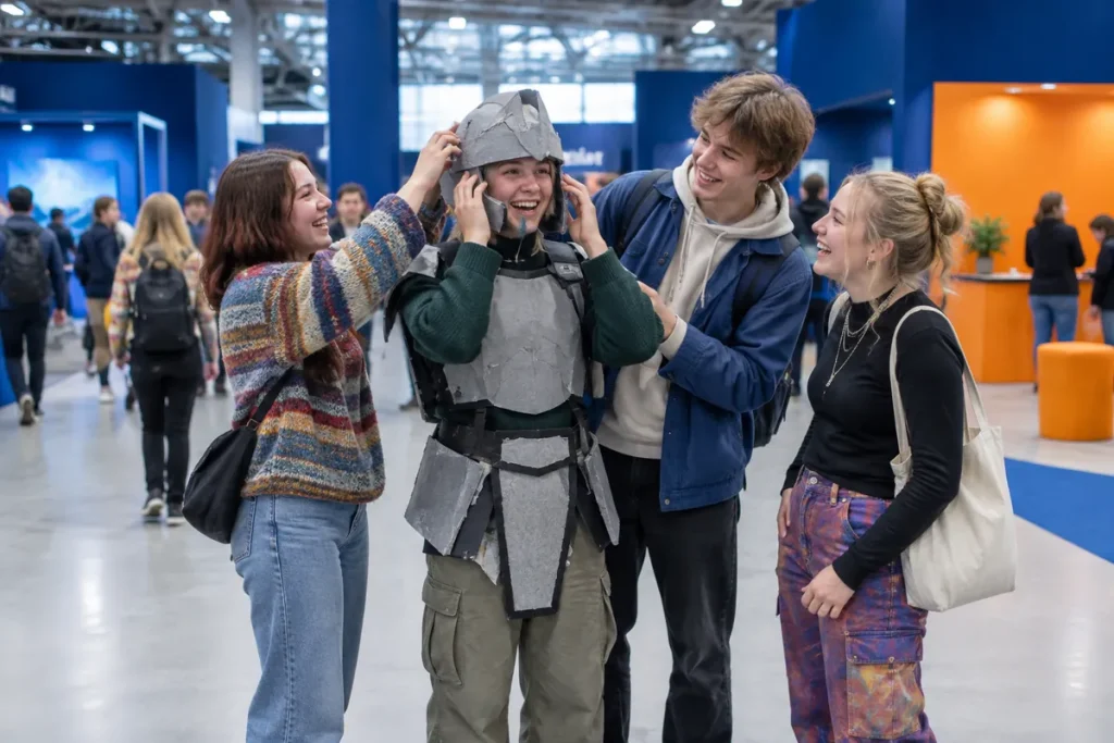 Cosplayare i egengjorda dräkter hjälper varandra i en mässhall